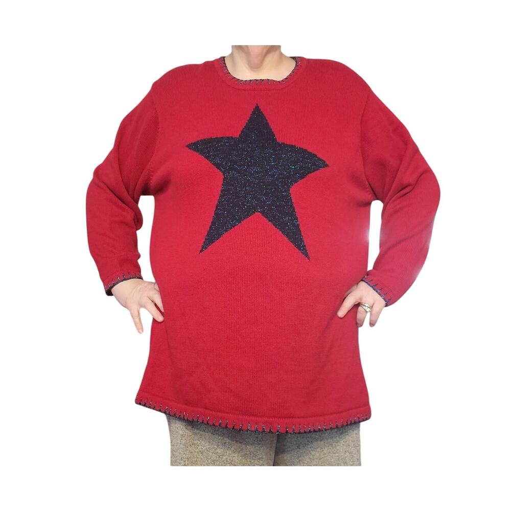 Quacker Factory Red Sweater Navy Star 2X Patriotic Americana Knit